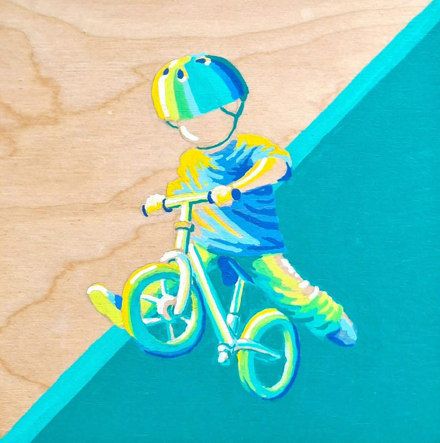 Schilderij van kind spelend op fiets