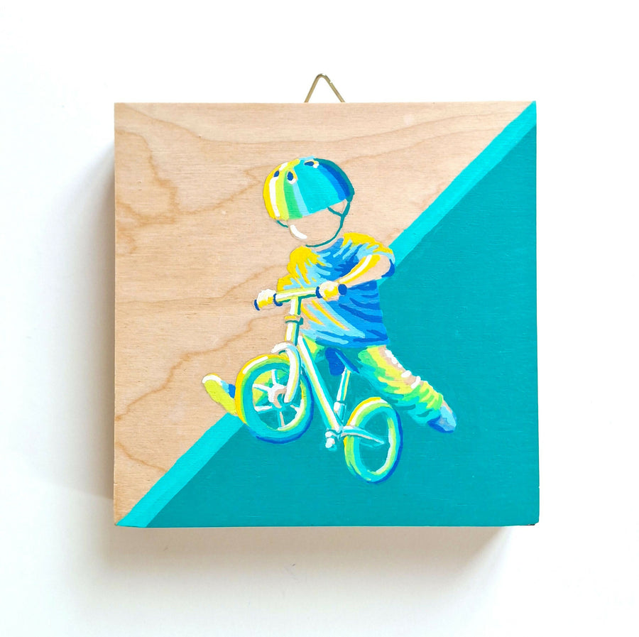 Schilderij van kind spelend op fiets — beeld 2